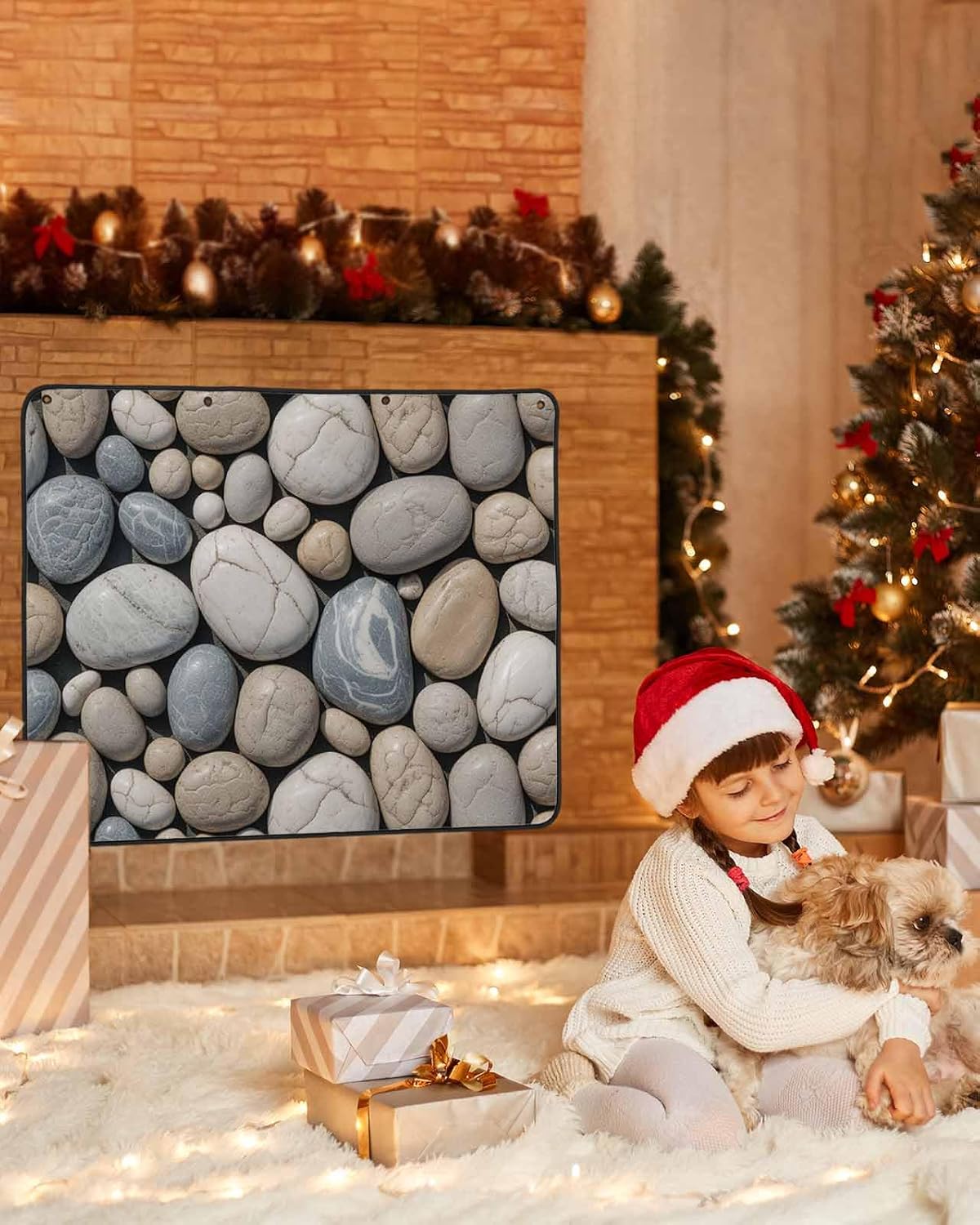 Pebble Stone Magnetic Fireplace Cover 45"x34",Decorative Fireplace Blanket Insulation Cover for Heat Loss,Indoor Outdoor Fireplace Draft Stopper Covers,Minimalist Creative Black White Geometric