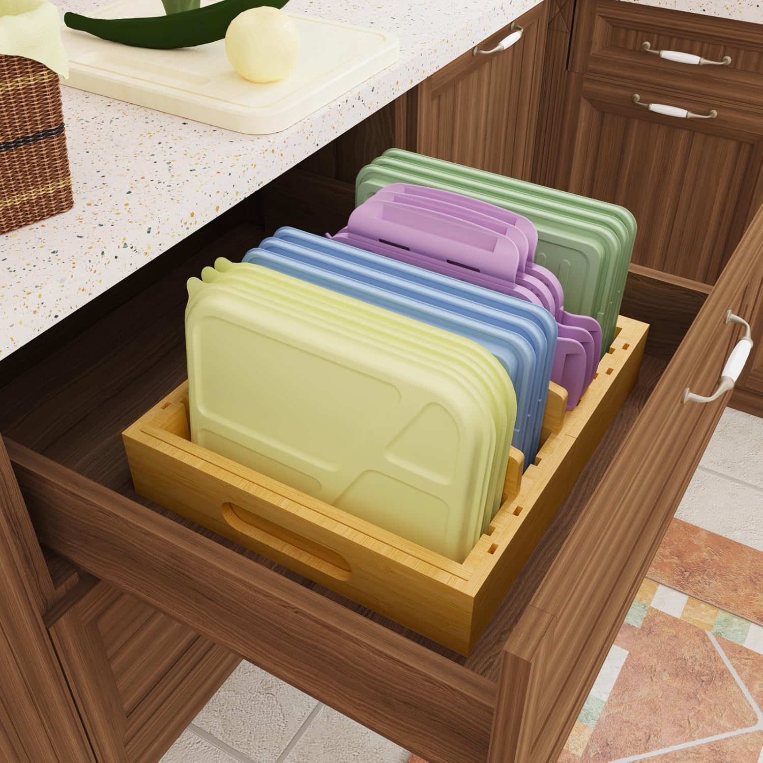Lid Organizer for Cabinet – Bamboo Kitchen Storage for Plastic Lids, Adjustable Drawer Dividers, Food Container Organizer (Fits Cabinets & Drawers) (Large) - Image 7