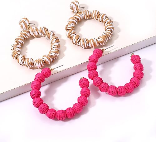 Miniatura 3 de 4 pares de aretes de rafia bohemios de ratán para mujer, hechos a mano, de mimbre de paja, juego de aretes tejidos de mimbre para verano, playa