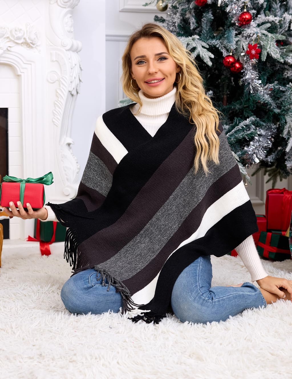 Ferand Women's Striped Poncho Sweater Cozy Knit Fringe Shawl Wraps for Fall Winter - Image 6