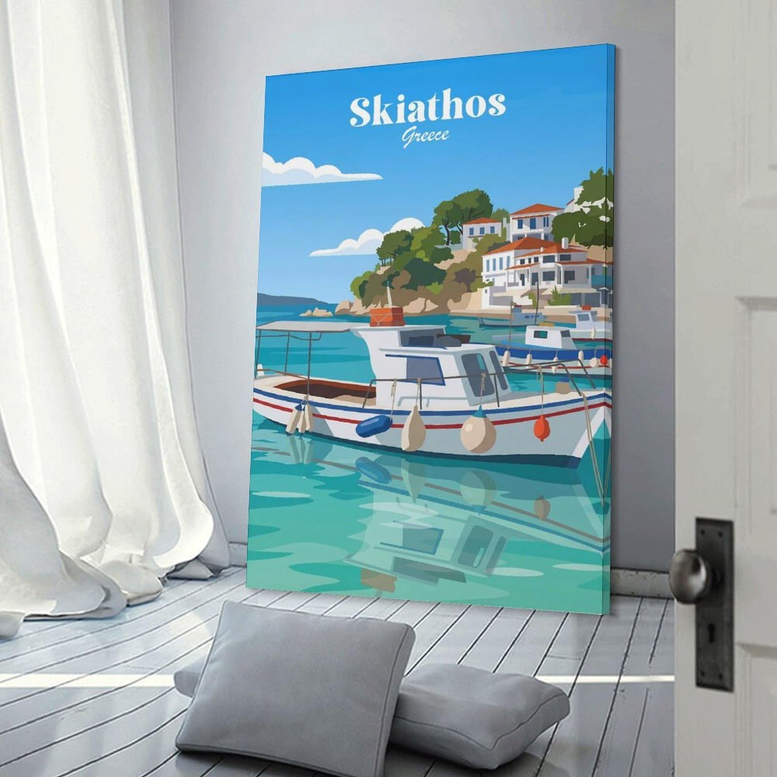 Junmoney Decorative Canvas Print Skiathos Greece Harbor, 20x30inch(50x75cm), for Study, Office Or Apartment Decor, Gift Idea for Housewarming And Birthdays
