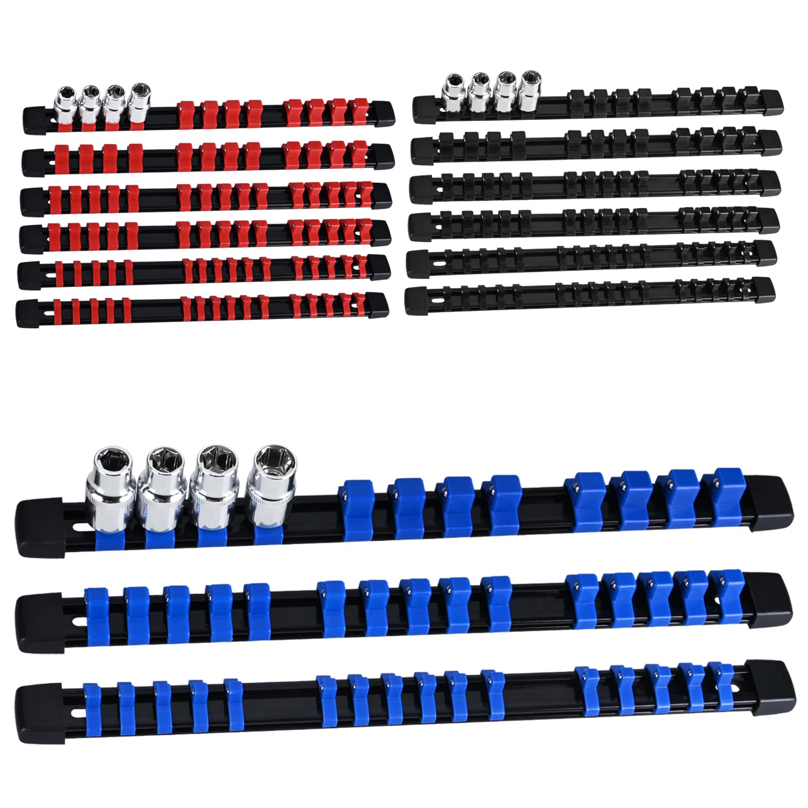 EGOFIX Socket Organizer Set - 15 Pieces, Holds 215 Sockets, 1/4", 3/8", 1/2" Drive Rails
