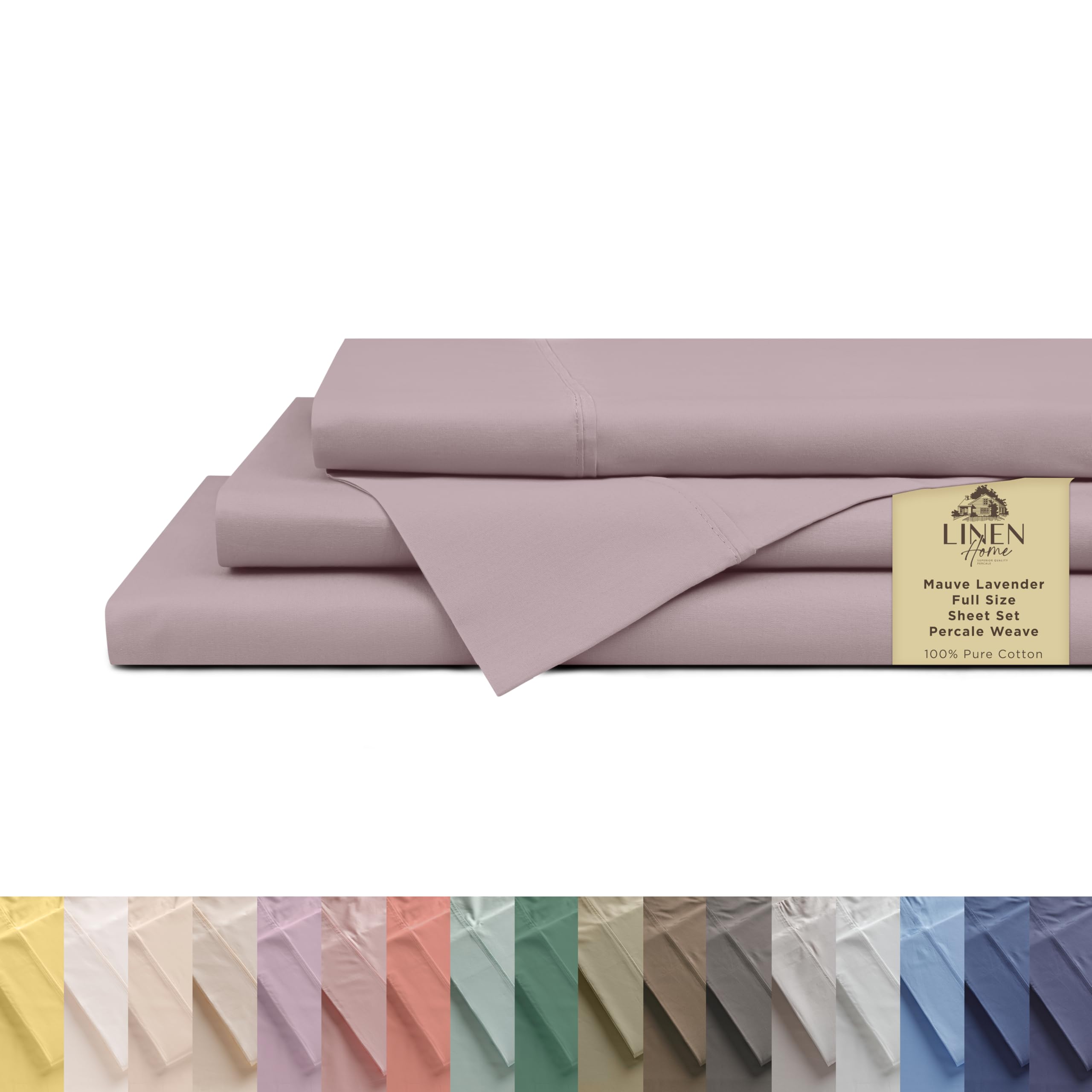 Linen Home 100% Cotton Percale Sheets Full Size, Mauve Lavender, Deep Pocket, 4 Pieces Set- 1 Flat, 1 Fitted and 2 Pillowcases, Crisp Cool and Long Staple Strong Bed Linen