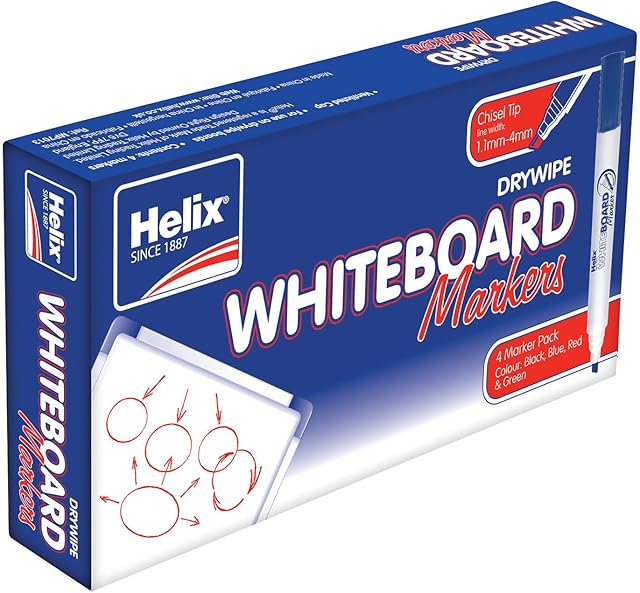 Helix Whiteboard Dry Wipe Marker Pens Chisel Tip x4 (Assorted)