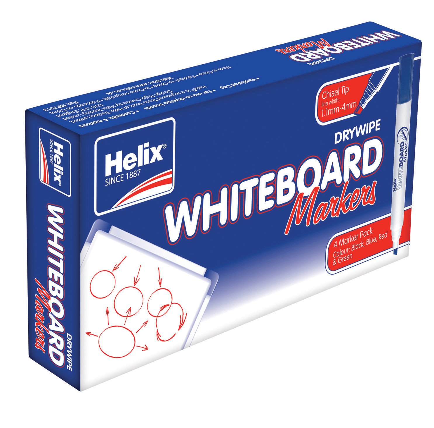 Helix Whiteboard Dry Wipe Marker Pens Chisel Tip x4 (Assorted)