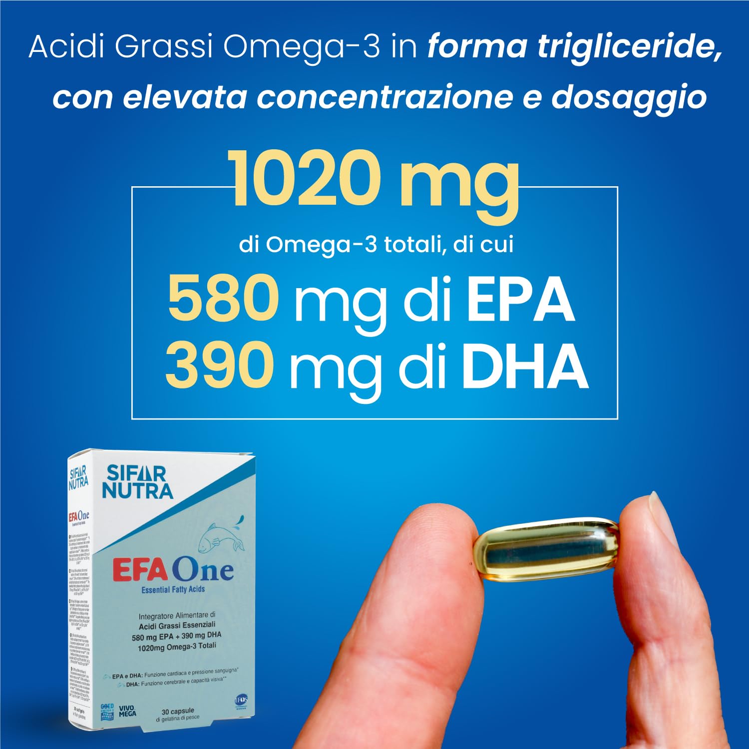 Sifar Nutra EFA One | IFOS certificato 5 stelle | Olio di pesce Omega 3 1020 mg | 580 mg EPA +390 mg DHA | funzione cardiaca | integratore memoria | forma trigliceride | 90 cps (3 Confezioni)