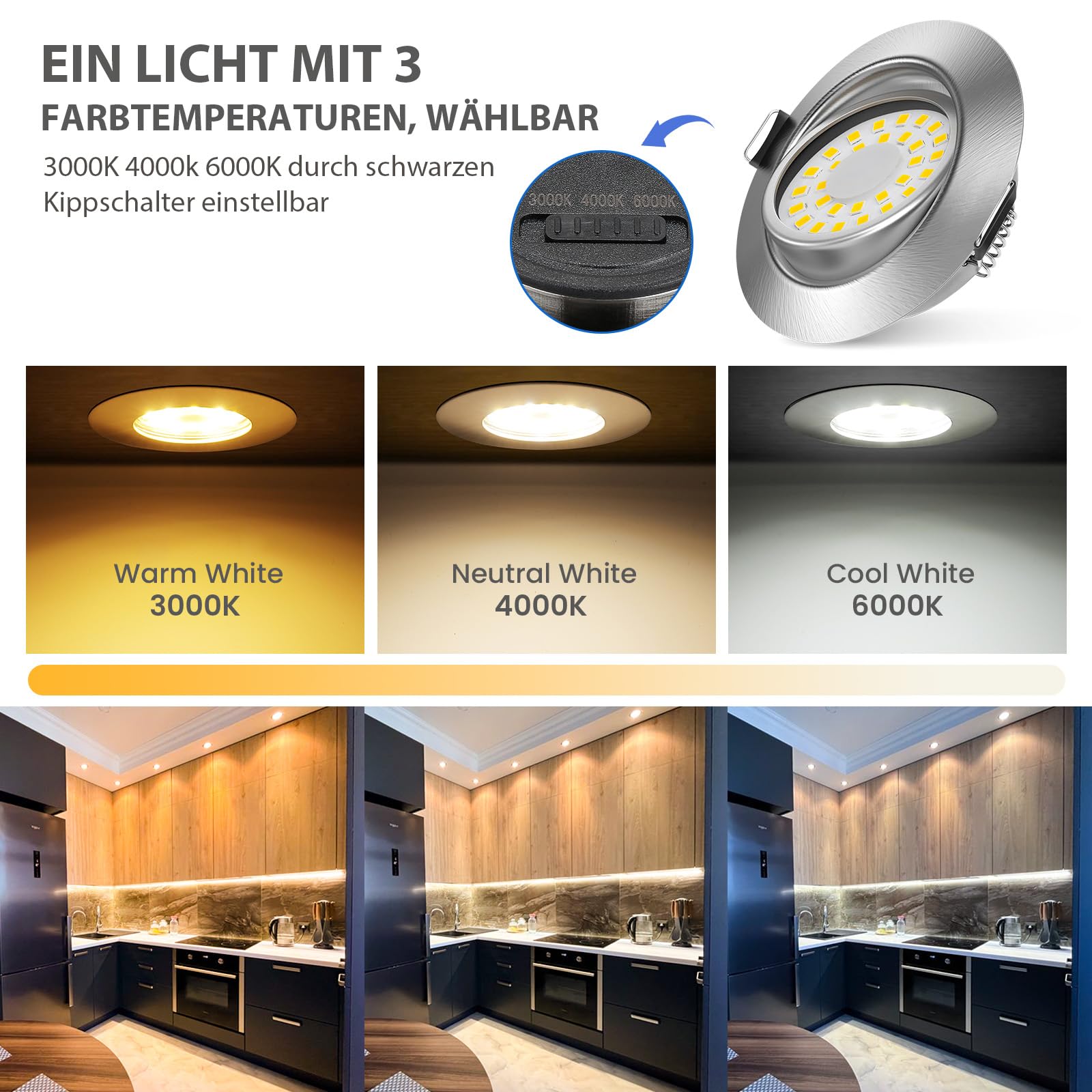 LED Einbaustrahler Dimmbar LED Spots 230v 5W Schwenkbar Bad Einbauleuchten IP44 Deckenspots Warmweiß 3000K Neutralweiß 4000K Kaltweiß 6000K für Wohnzimmer,Badezimmer,Küche 6er Set