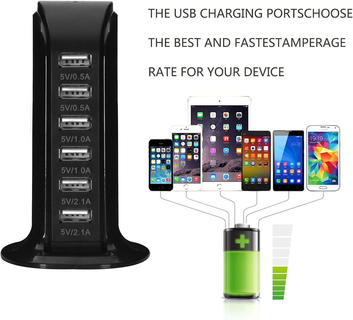 6-Port USB Wall Charger Desktop Charging Station Quick Charge 2.1,Compatible with lphone 13, 12, 11, XS, XR, X, SE, 8, 7, Ipads, Samsung Galaxy, Tablets and Other Electronics(Black)