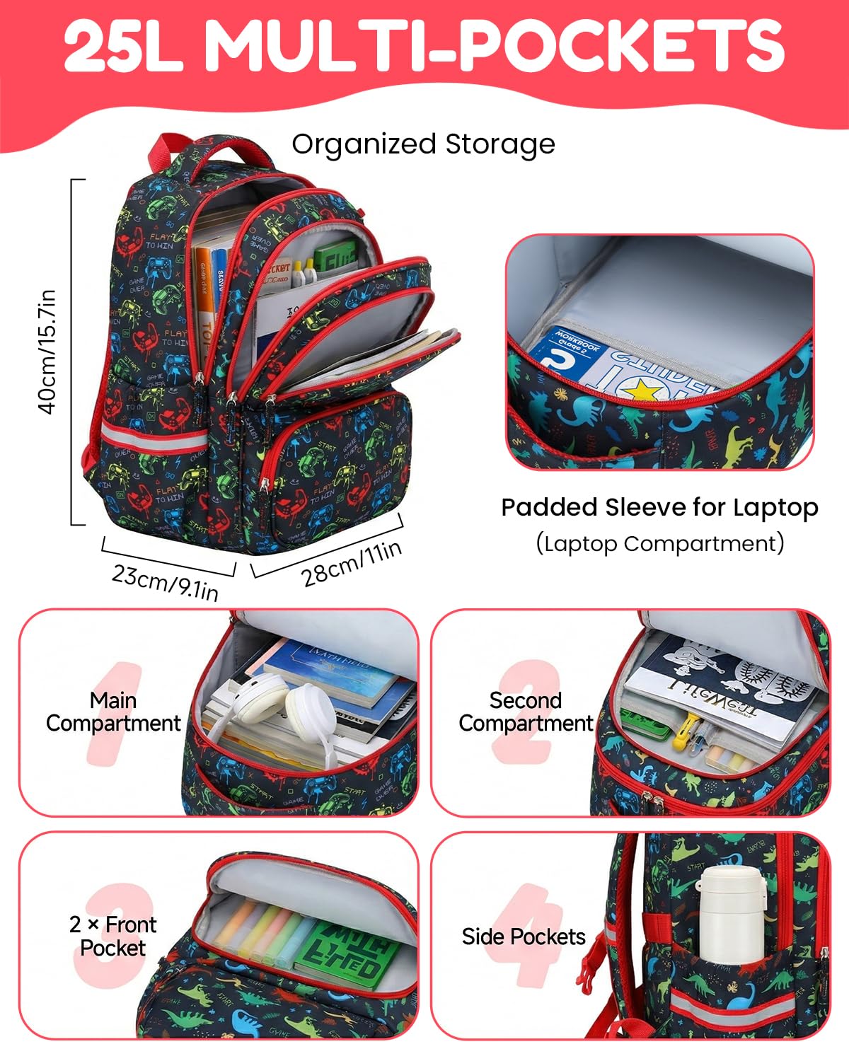 Amythe Set 3 pièces Cartable Garçon dès 1ère année Réflecteurs | Sac à dos Enfant Sac Repas Trousse Primaire Garçon 6-10 ans Imperméable Sangle 25L