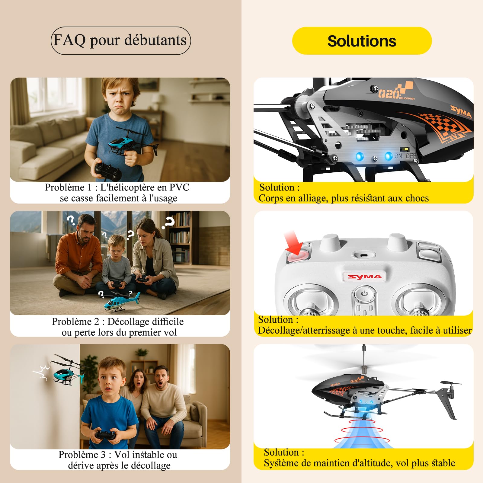 Syma Q20 Hélicoptère Télécommandé avec Maintien d’Altitude, 2 Vitesses, Gyroscope, Corps Alliage, Vol Intérieur, Cadeau Jouet pour Enfants