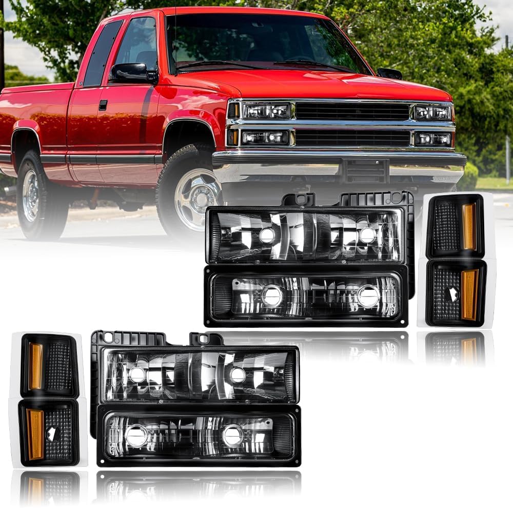 Headlight Assembly, Compatible with 1994-1998 Chevy Silverado Tahoe Suburban C10, Fit for 1994-1998 Chevy C/K 1500 2500 3500, Fit 1994 Blazer Headlamp Black Housing Amber Reflector