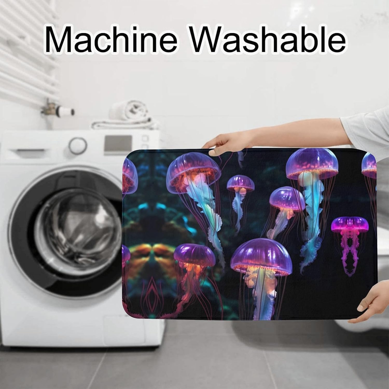 JCAKES Color Jellyfish Print 3 Piece Bathroom Rugs Set Non-Slip Washable Cover Floor Rug Decorations for Kitchen Bathroom Bedroom