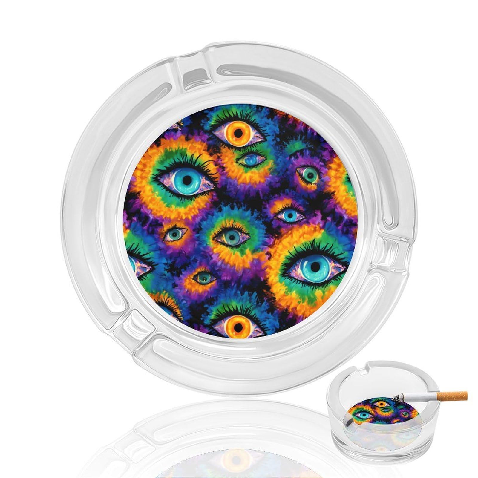 Evil Eyes Psychedelic Trippy Tie Dye Ashtray Portable Round Glass Outdoor Ash Tray for Home Office Garden Pub