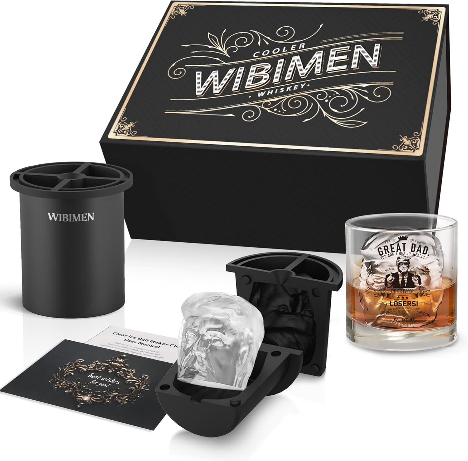 WIBIMEN Whiskey Ice Cubes Mold Set for Men, Dad, Husband, Men’s Gifts Set with Whiskey Glass, Clear Ice Cube Maker, and Greeting Card, Bourbon Gifts for Men，Old Fashioned Glass Set for Father