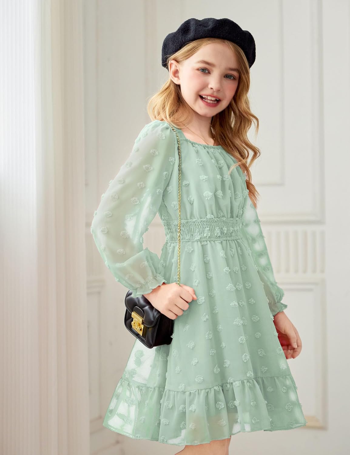 Arshiner Girls Dresses Long Sleeve Square Neck Swiss Dot Flowy Casual Party Dress - Image 6