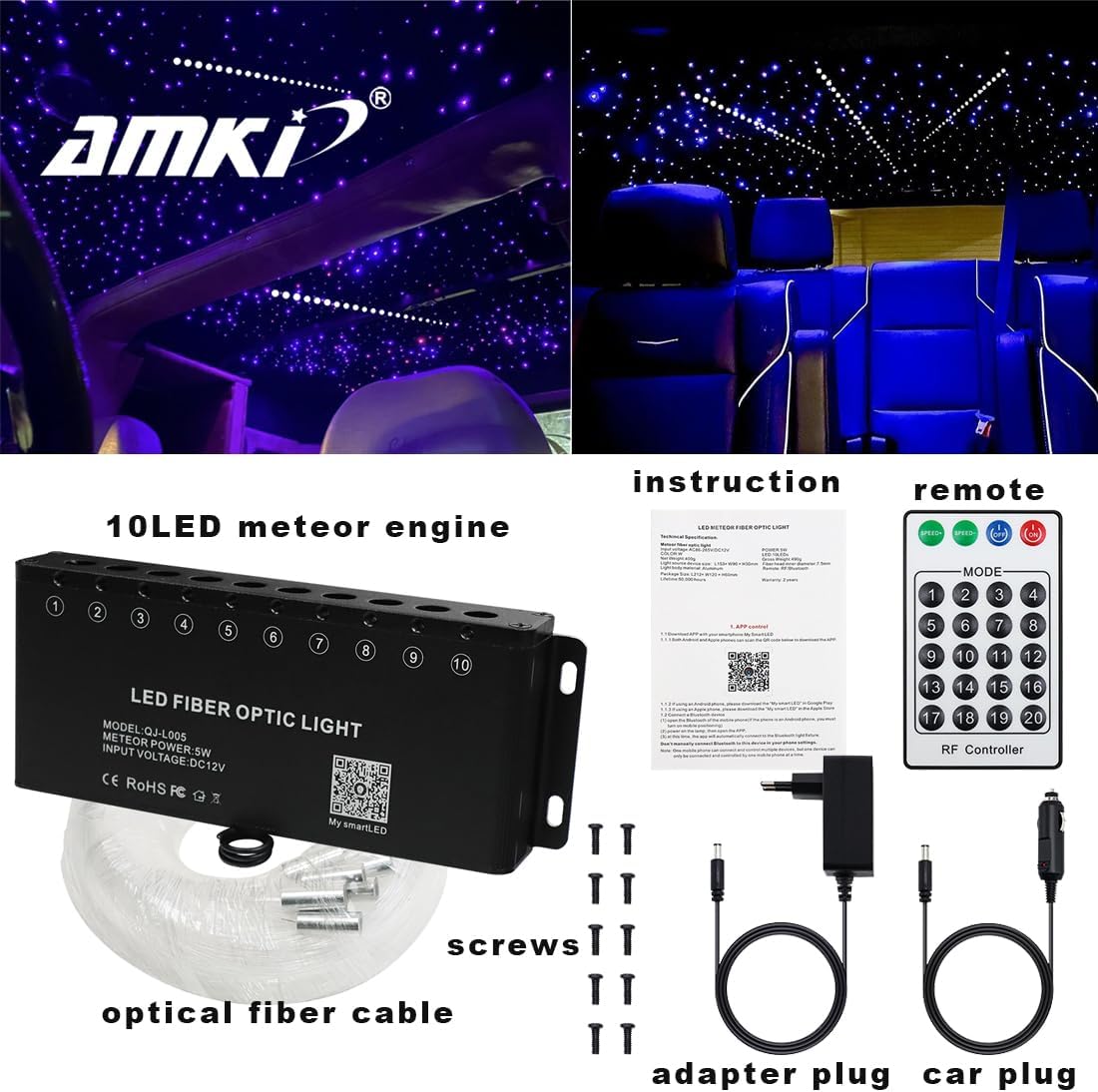 AMKI 100pcs*0.04in*13.1ft Pure White Shooting Stars Effect Fiber Optic Lights Kit,10Holes LED 5W Meteor Light Engine with Bluetooth+RF Remote Control 20 Meteor Modes