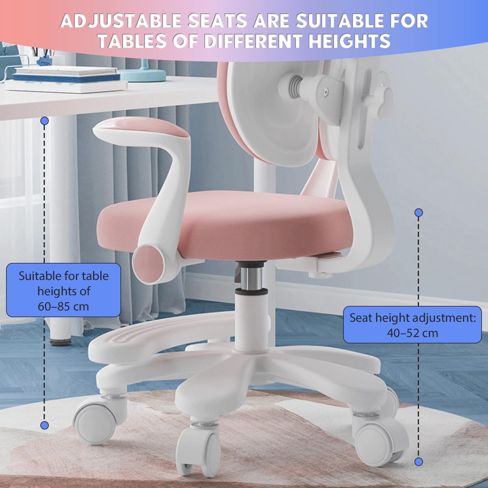 Schreibtischstuhl Kinder, Höhenverstellbarer | Ergonomischer Drehstuhl für Mädchen und Jungen | Bequemer Lernstuhl für Kinderzimmer (Upgrade Modell (Lenker + Schritte), Rosa)