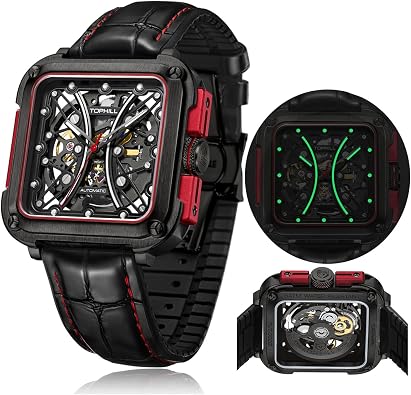 TOPHILL Automatic Watches for Men Skeletonized Mechanical 361 Stainless Steel Dial Leather Strap Mens Watches 46mm Dial 50m Waterproof Mens Fashion Gifts