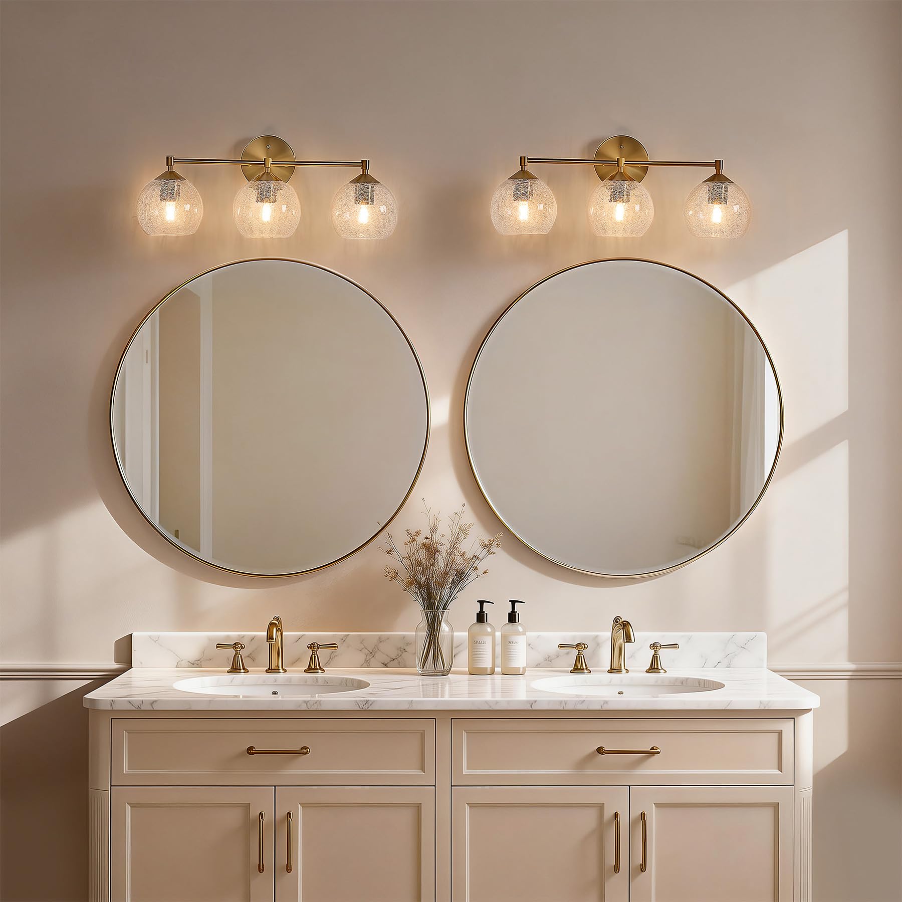 Tribesigns Applique Bagno 3 Luci, Lampada da Specchio Dorata con Sfere in Vetro Craquelé, Applique Murale E27 con Lampadine Incluse, Larghezza 43 cm, Illuminazione Moderna per Specchio Bagno, Lavabo