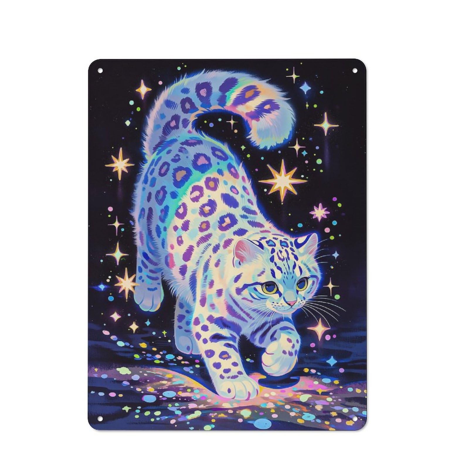 Junmoney Style-20 Rainbow Snow Leopard In Starry Night Rustic Metal Plaque 40X30cm For Living Room Wall, Suited To Home Wall Decor Collectors