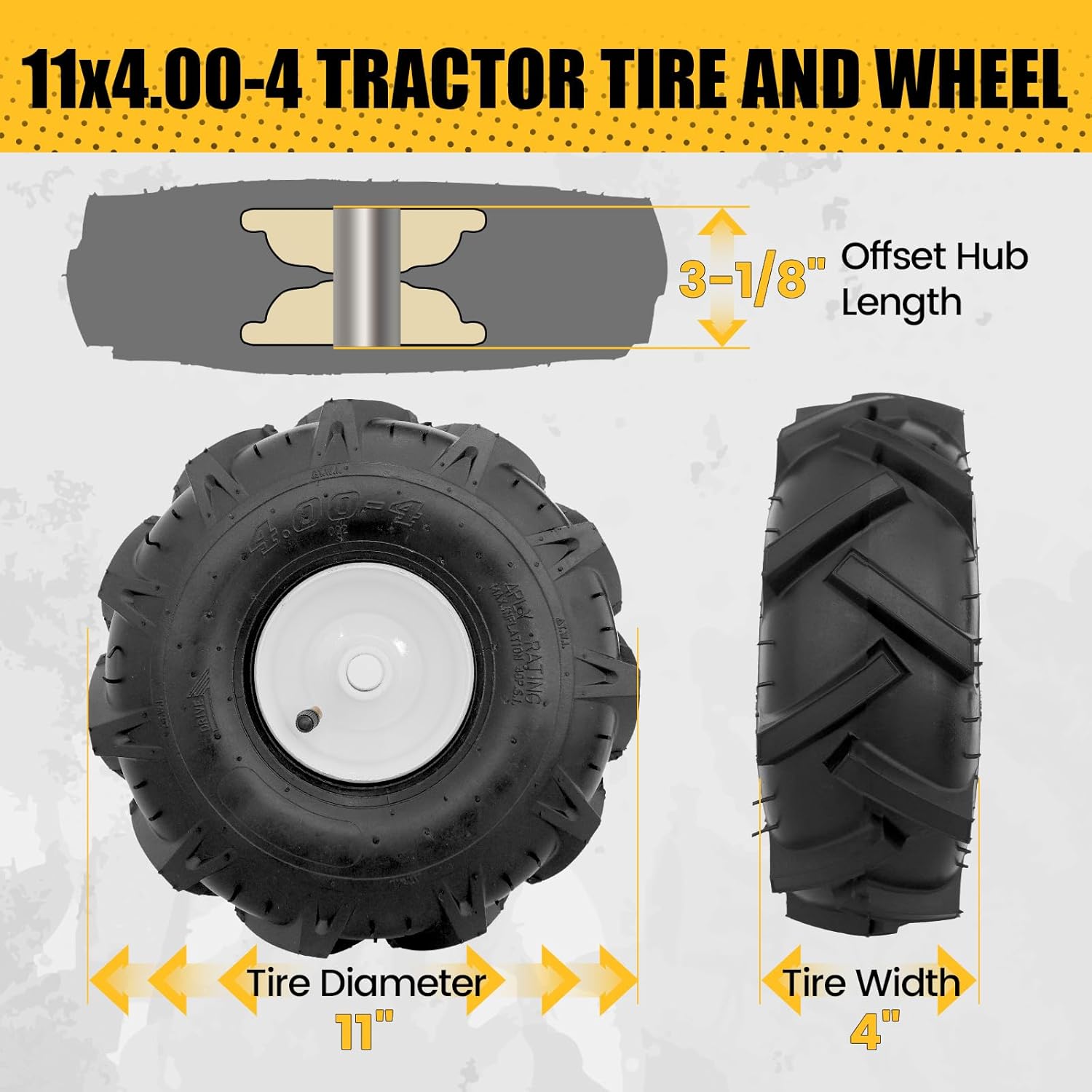 MZREXN 11x4.00-4" Tiller Tire and Wheel 2 Pack, 3/4" Axle Size, 3-1/8" Offset Hub, 4Ply Pneumatic, Compatible with Craftsman & Troy-Bilt Tiller Replacement Tire
