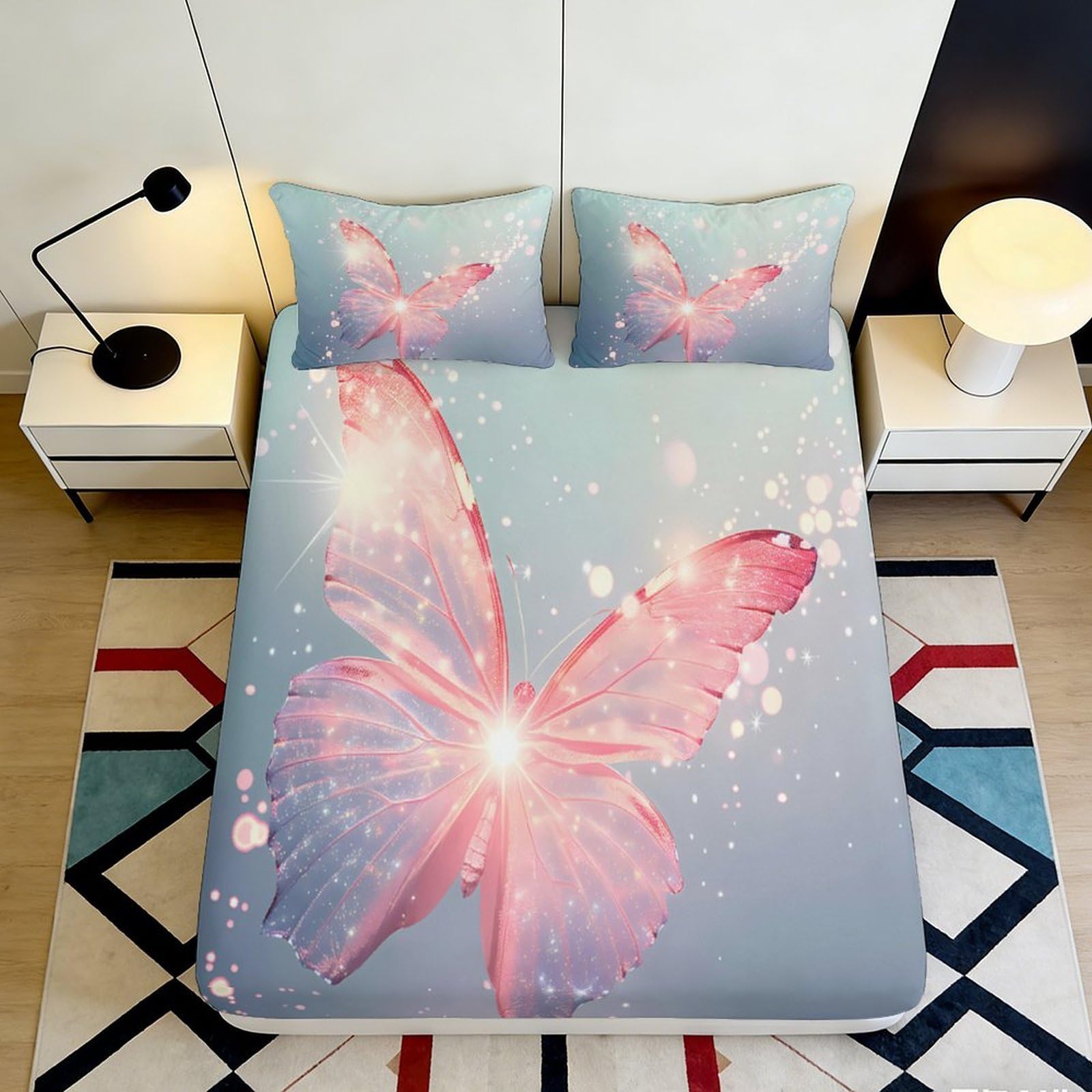 3D Printed Pink Butterfly Fitted Sheet Microfiber Soft Breathable Sparkle Wings Mattress Cover for Bedroom Dorm Mattress Protection Decor 140x200x25cm