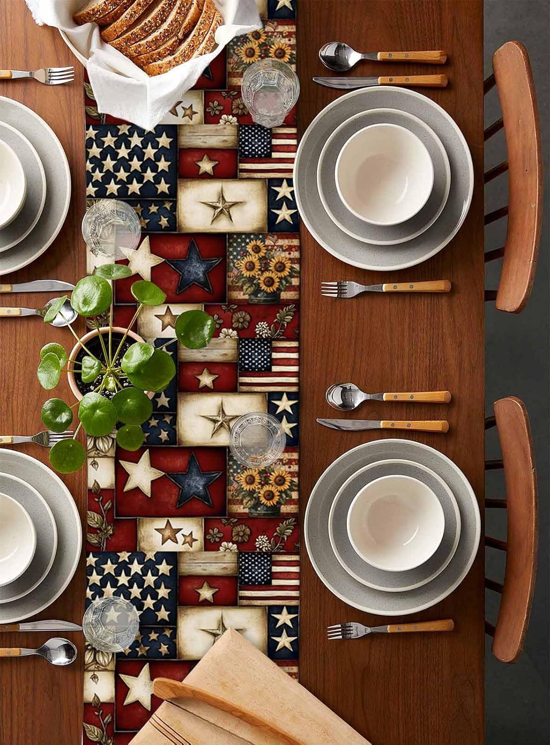 Red Blue American Flag Table Runner 72 Inch Long Dresser Scarves 4th of July Cotton Linen Tablerunners Patriotic Farmhouse Star Dining Kitchen Burlap Table Setting Decor for Party Holiday, 18"x72"