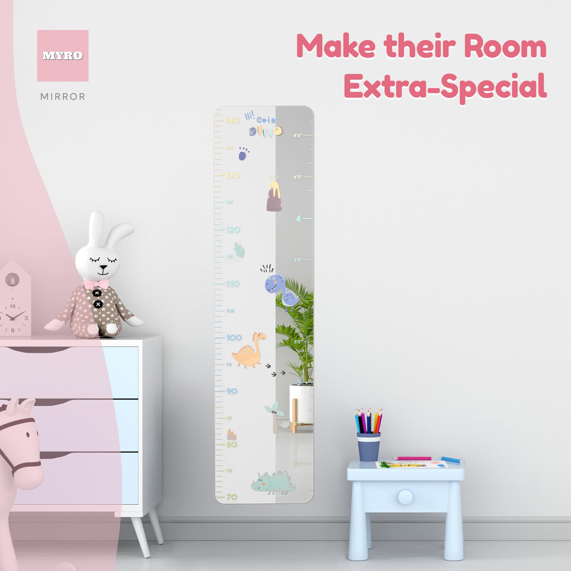 MYRO - Metro a specchio per bambini, in acrilico infrangibile, per asilo, camera da letto, armadietto scolastico e sala giochi (simpatico dinosauro)