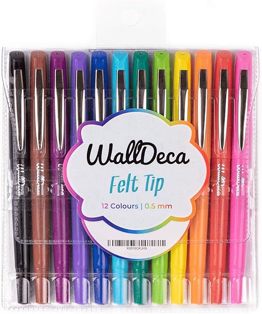 WallDeca Felt Tip Pens, Fine Point (0.5mm), Assorted Rainbow Colors, 12 Count | Made for Everyday Writing, Journals, Notes and Doodling (12 Pack)