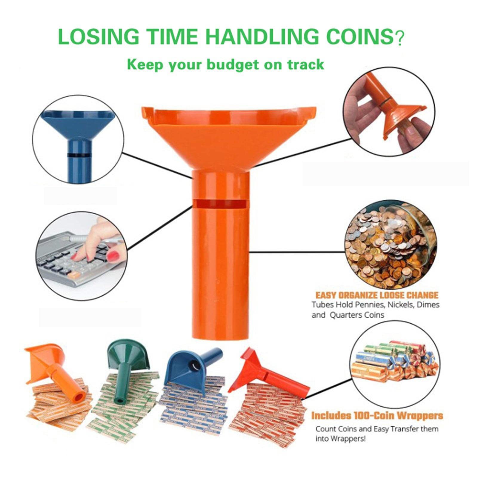 Easy Wrap Tubos para Monedas - Contador y Envoltorios para Rollos Monedas - 4 Tubos y Envolturas Surtidas para Níquel, Diez Centavos, Centavos, Cuarto
