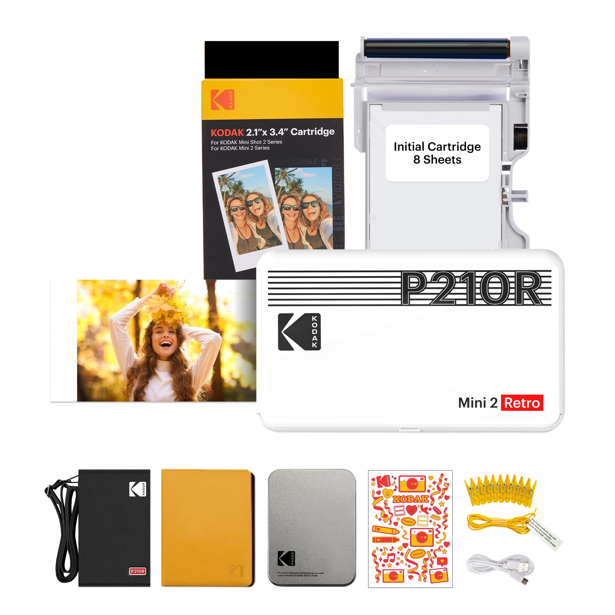KODAK Mini 2 Retro 4PASS Portable Photo Printer (2.1x3.4 inches) Initial 8 Sheets + 30 Sheet Pack, Gift Bundle, White