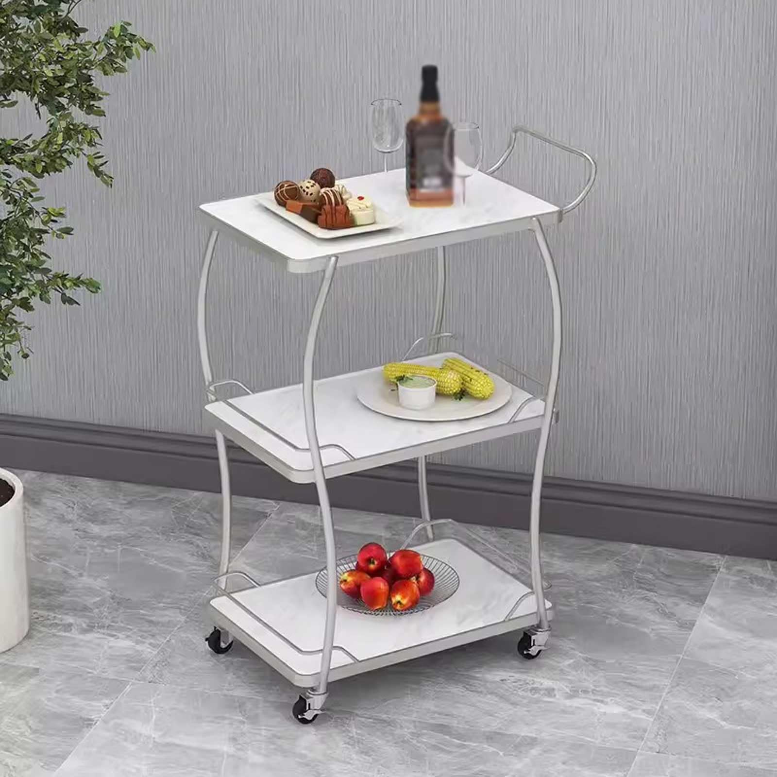Carrello multiuso da cucina Carrelli bar a 3 livelli for la casa, carrello bar con rotelle, carrello di servizio bar con ruote for soggiorno, cucina, sala da pranzo, argentato Carrello di servizio