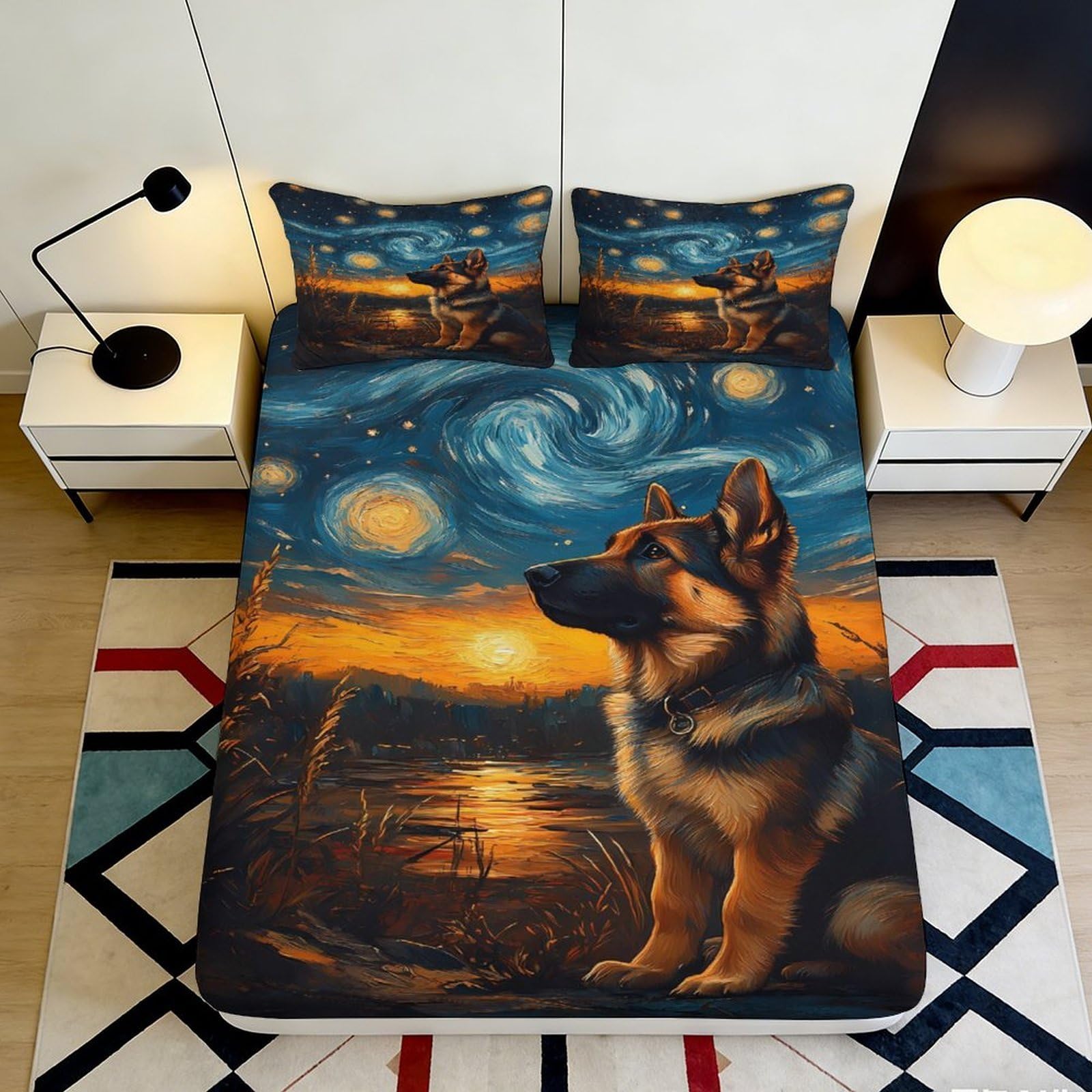 3D Printed Starry Sky Dog Fitted Sheet Microfiber Non-Slip Deep Pocket Bedroom Bedding Star Dog Mattress Fitted Cover for Adults Teens 200x200x25cm 90x200x25cm