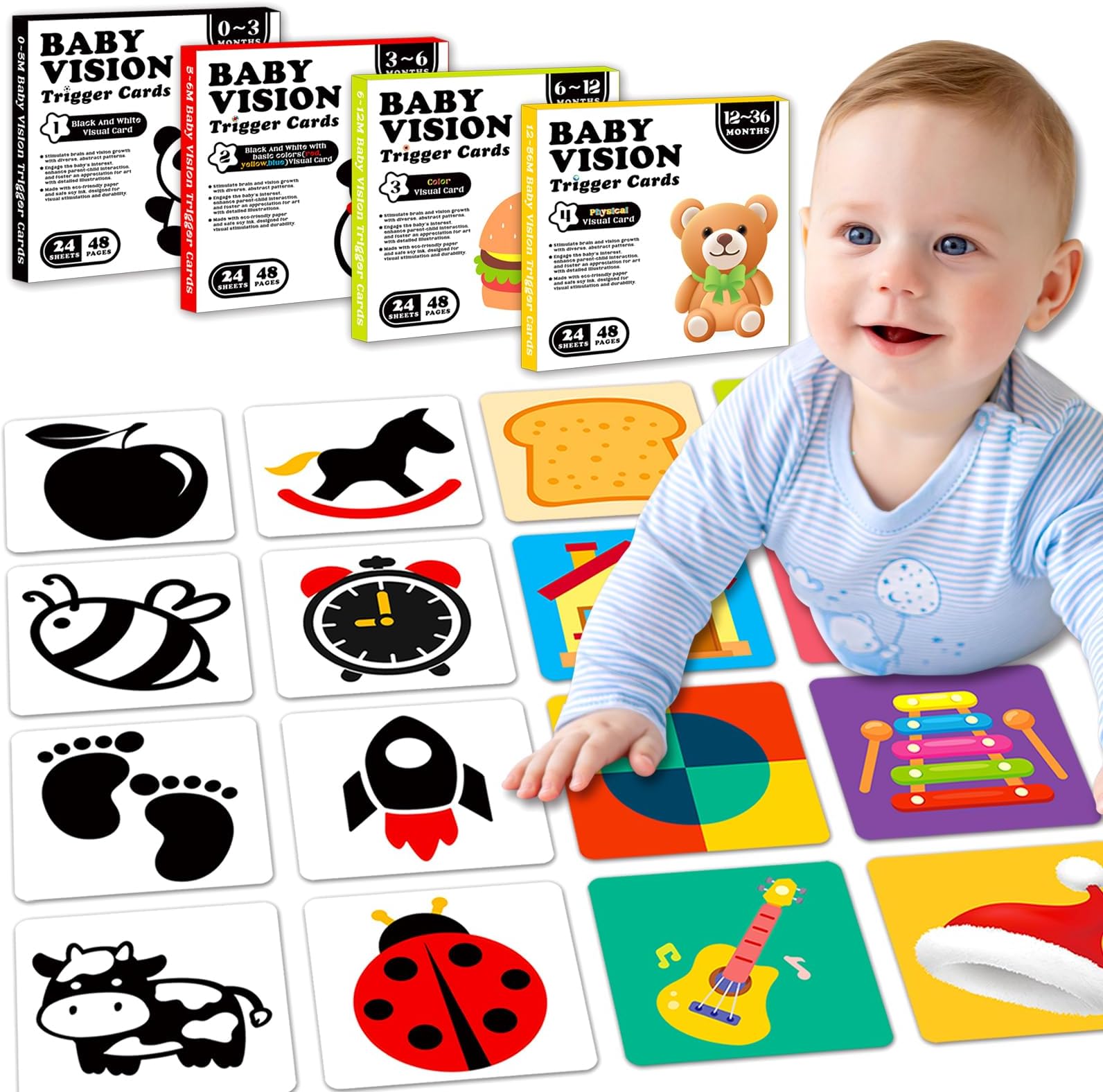High Contrast Baby Flash Cards Baby Visual Stimulation Cards, 192Page Black and White Colorful Baby Toys for 0-3-6-12-36 Months Newborn Infant, Black White Card Set