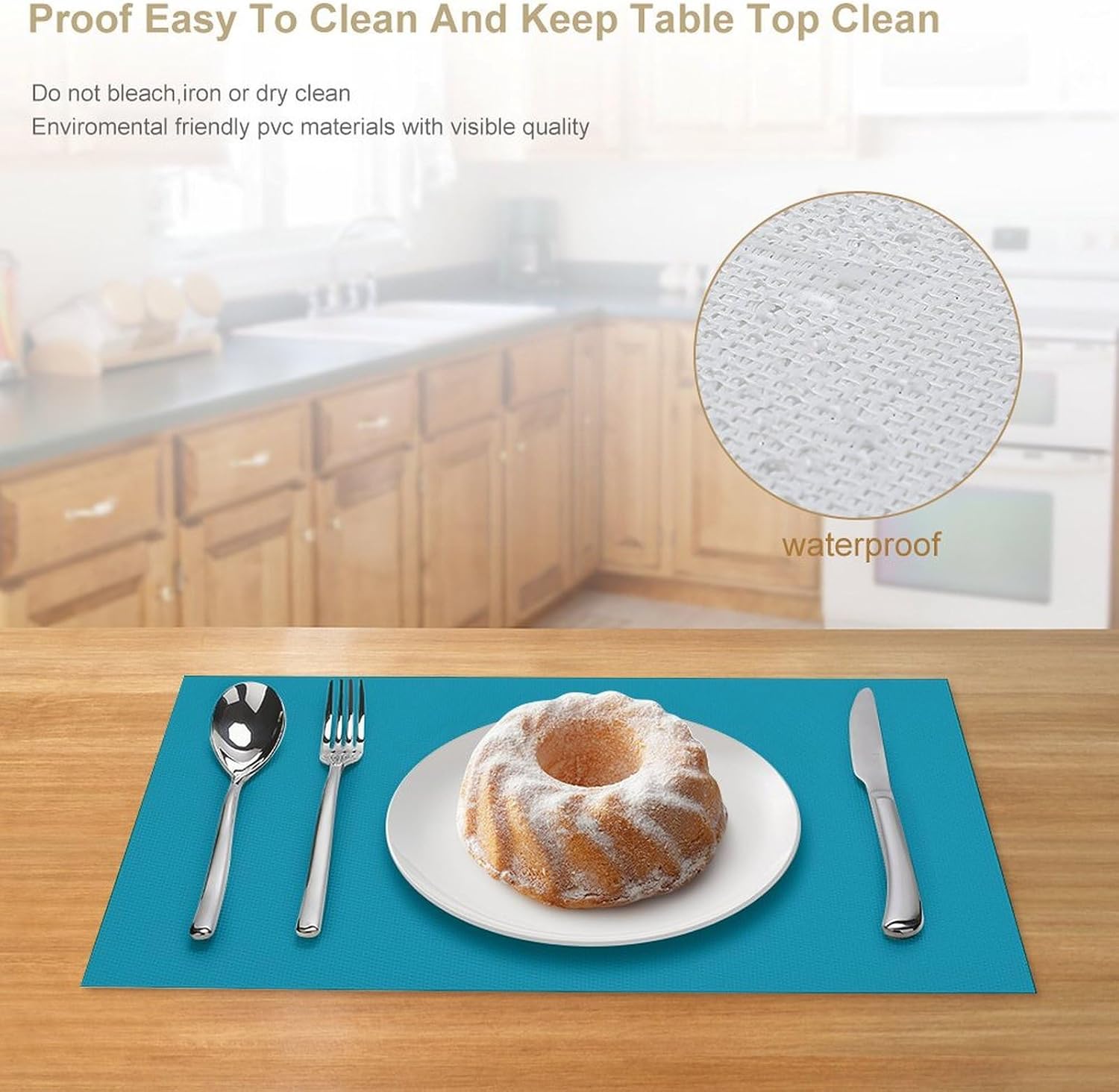 Placemats Set of 4, Solid Teal Blue Place mats for Dining Table Heat-Resistant Washable Waterproof PVC Table Mats