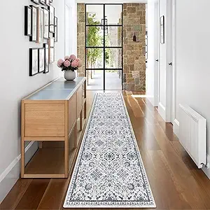 vivorug Runner Rug 2x10 Machine Washable Rug with Non-Slip Backing, Ideal for Kitchen Hallway Entryway Laundry Room - Vintage, Durable, Easy Clean, Low Pile Carpet Runner, Ivory/Blue