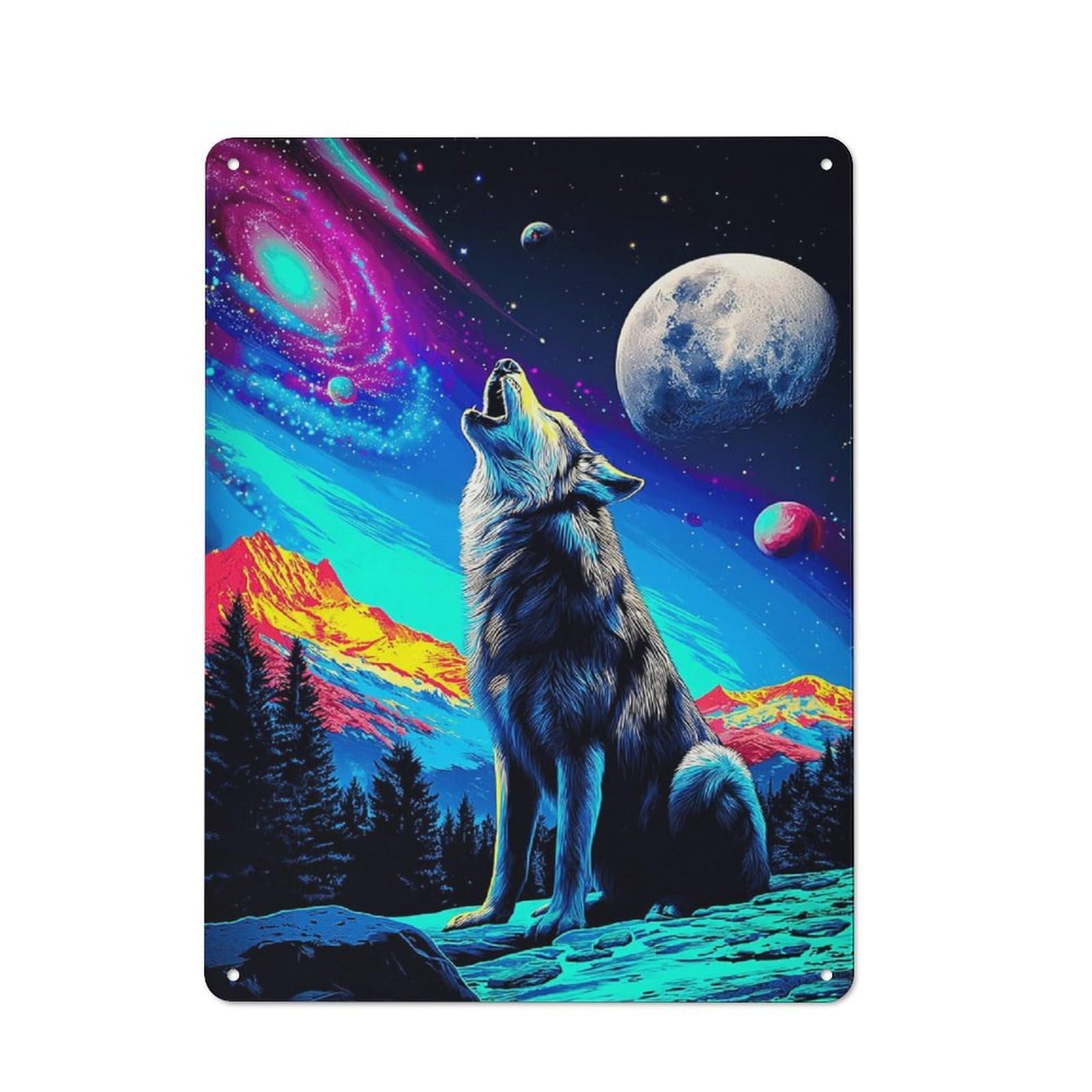 Junmoney Cosmic Wolf Howling At The Moon Retro Metal Wall Sign 40X30cm Featuring For Hallway Wall, For Garage, Workshop And Man Cave Decoration
