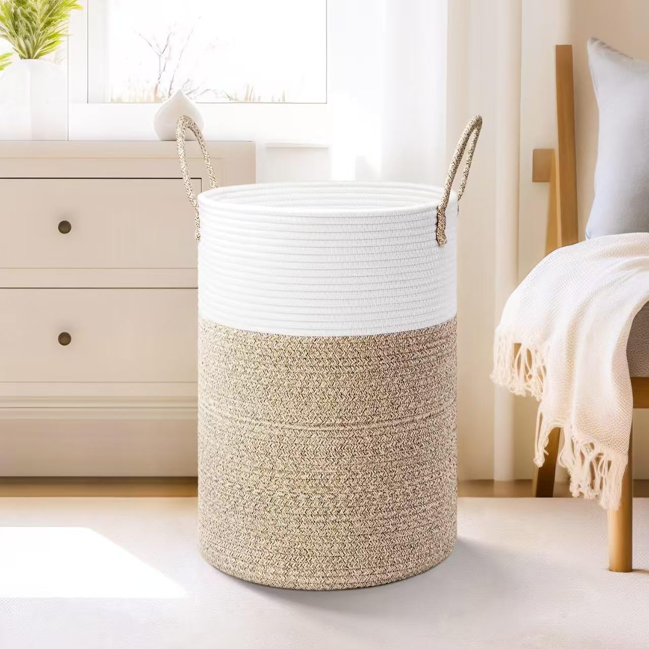 Laundry Basket Woven Cotton Rope Large Laundry Hamper Sorters Versatile Storage for Dirty Clothes Baby Toys and Blankets in Bathroom Nursery and Living Room (60L)