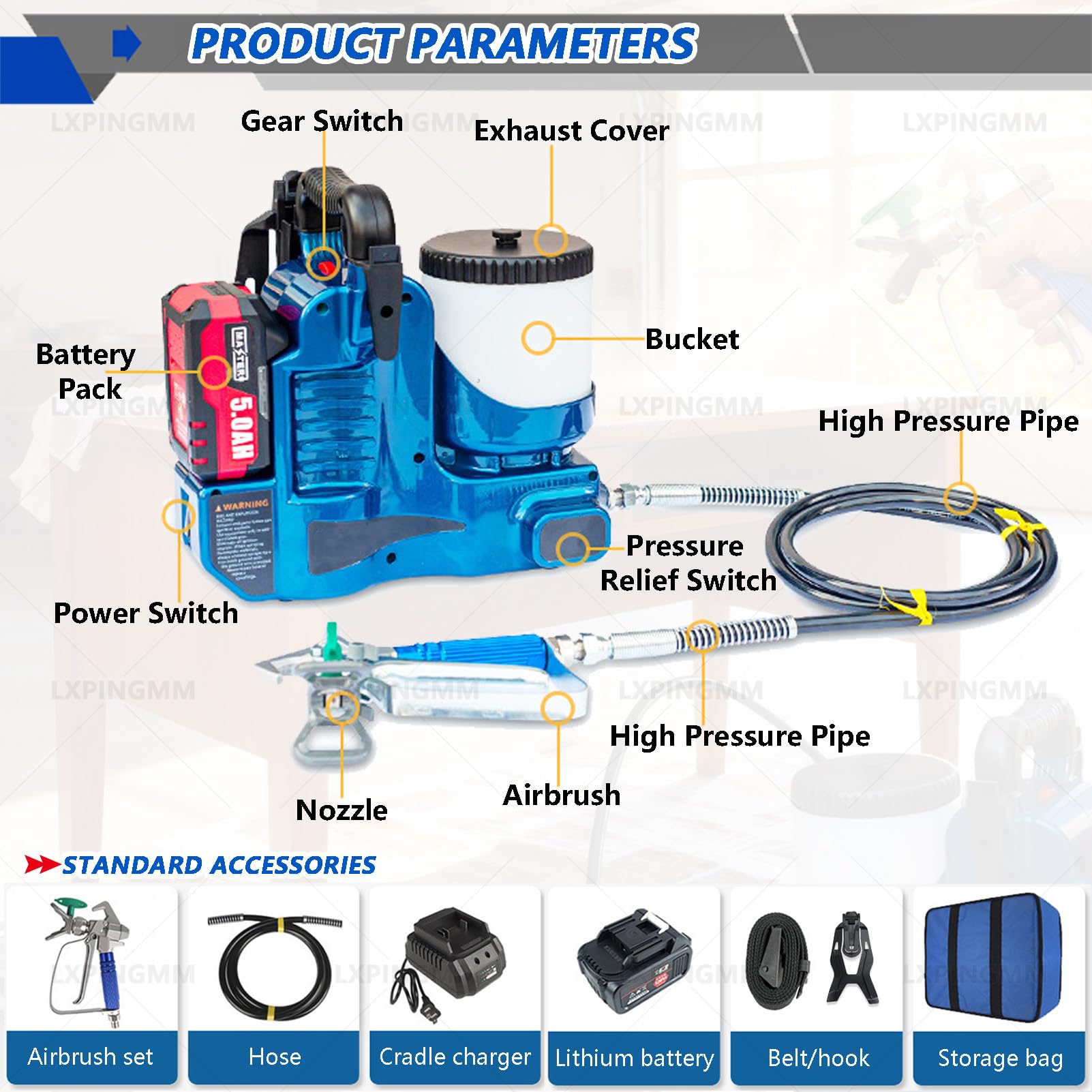 Pulverizador de Pintura sin Aire de Alta presión, 500 W, presión máxima de 15 MPa, Compatible con látex y Pintura a Base de Agua, para Casas y terrazas. 1battery