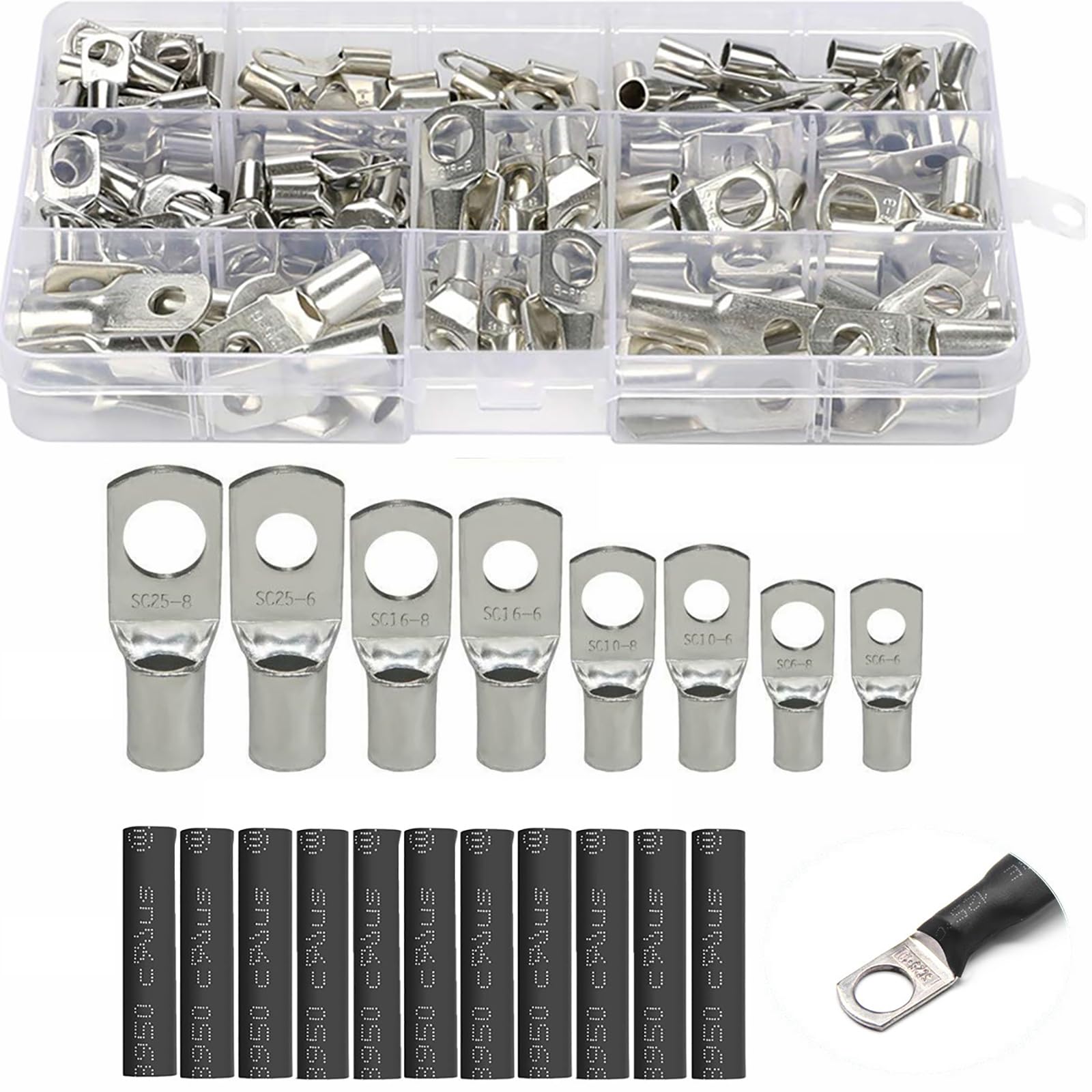 TOLASTO220 pcs Wire Connector Set,Includes 100PCS Bare Copper Wire Lugs Tinned Battery Cable Lug Crimp Terminal and 120PCS Black Heat shrink tubes