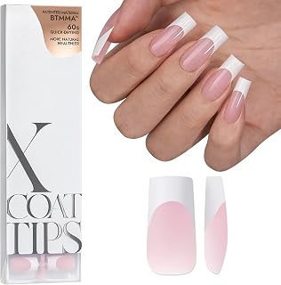 BTArtboxnails XCOATTIPS French Tip Press-On Nails - White Tips Pink Long Square, Patented Soak-Off Acrylic Extensions