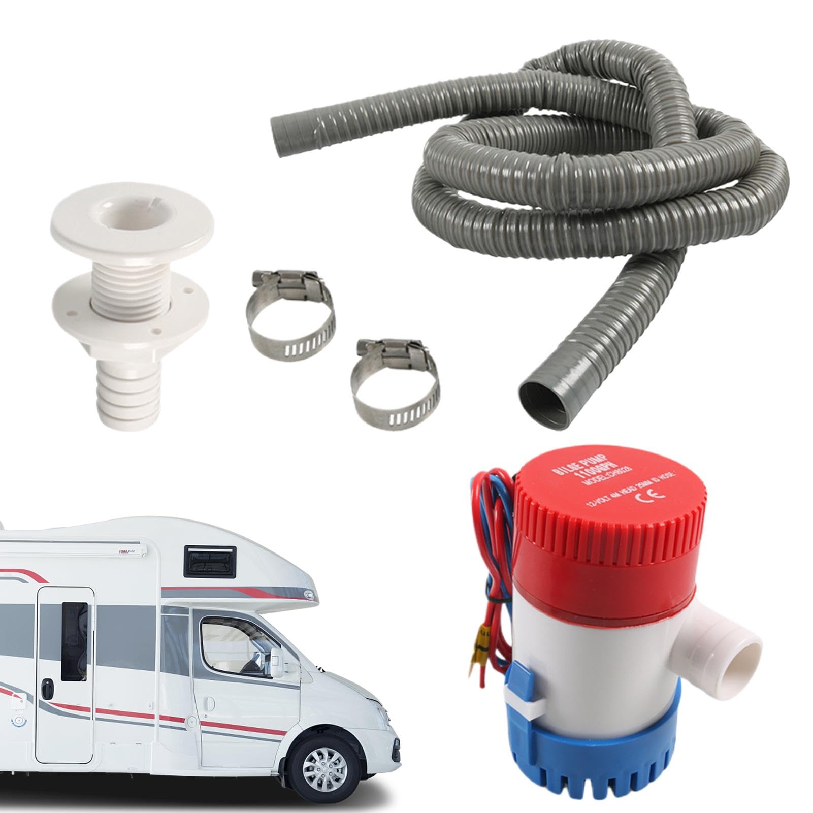 Lenzpumpe Set für Boot, Objektivpumpenschlauch Set für Boot | 12V Lenzpumpe mit 78,7 Zoll Lenzpumpe Schlauch,Inklusive Rumpfdurchführung und 2 Edelstahlklemmen