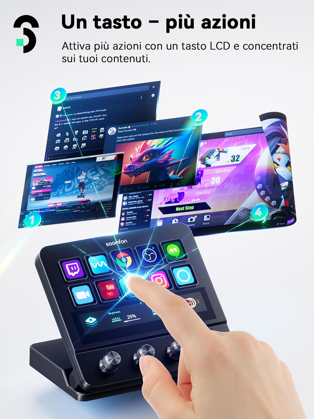 SOOMFON Stream Controller Deck, 10 Tasti Macro LCD, Touchscreen, 4 Manopole | 2 USB-A & 2 USB-C, con OBS Twitch PS Word Excel Zoom e altre app; Stream Studio Deck per Streaming Gaming Lavoro Creatività