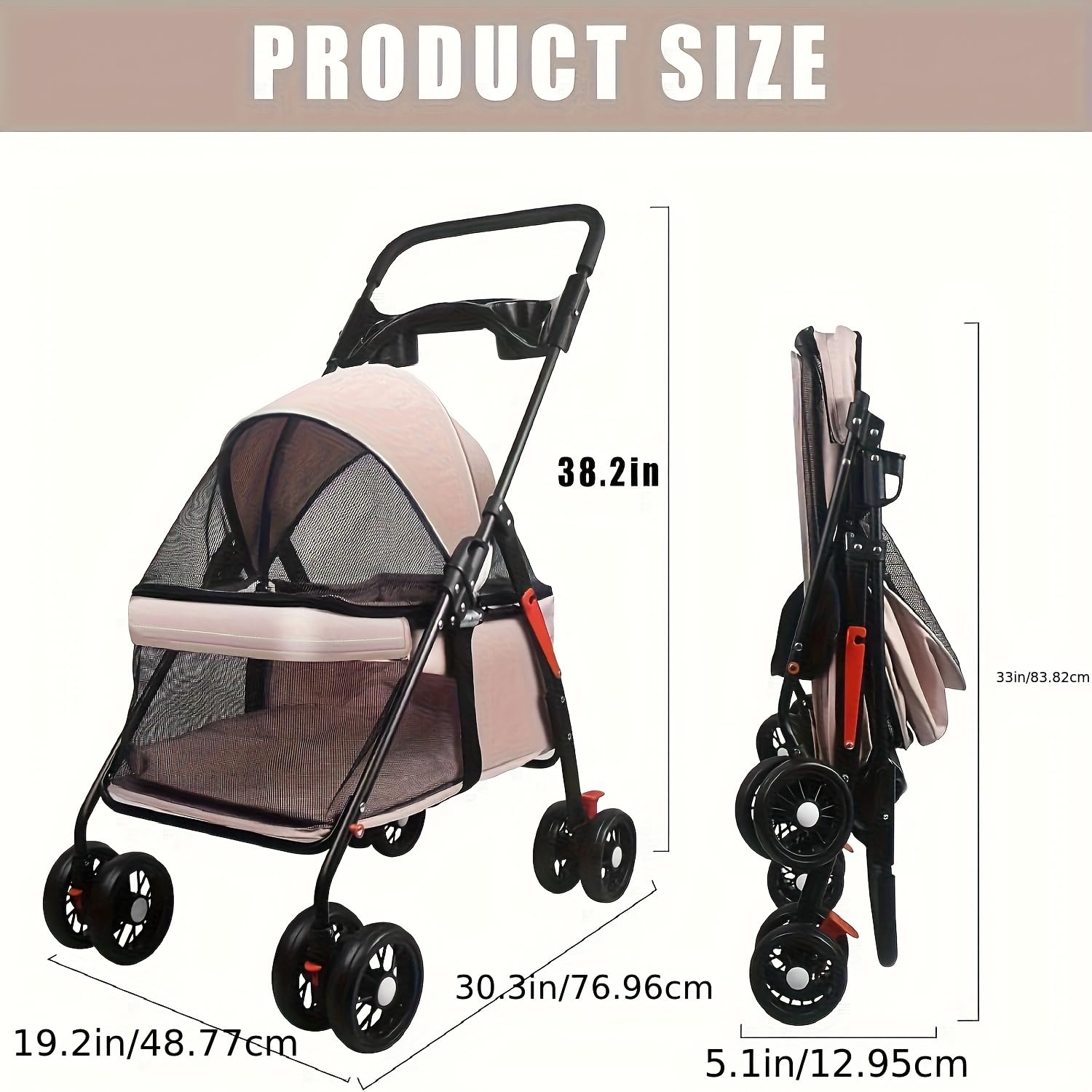 Spacious Portable Pet Stroller Suitable for Dogs & Cats with Foldable Cage, Storage Basket & Cup Holder - Heavy-Duty Four-Wheel Stroller, Travel Carrier for Small to Medium Pets, Frame