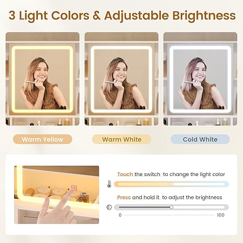 Miniatura 3 de BTHFST Tocador de maquillaje con taburete tapizado y estación de carga, escritorio con espejo y luces, juego de mesa de tocador con almacenamiento