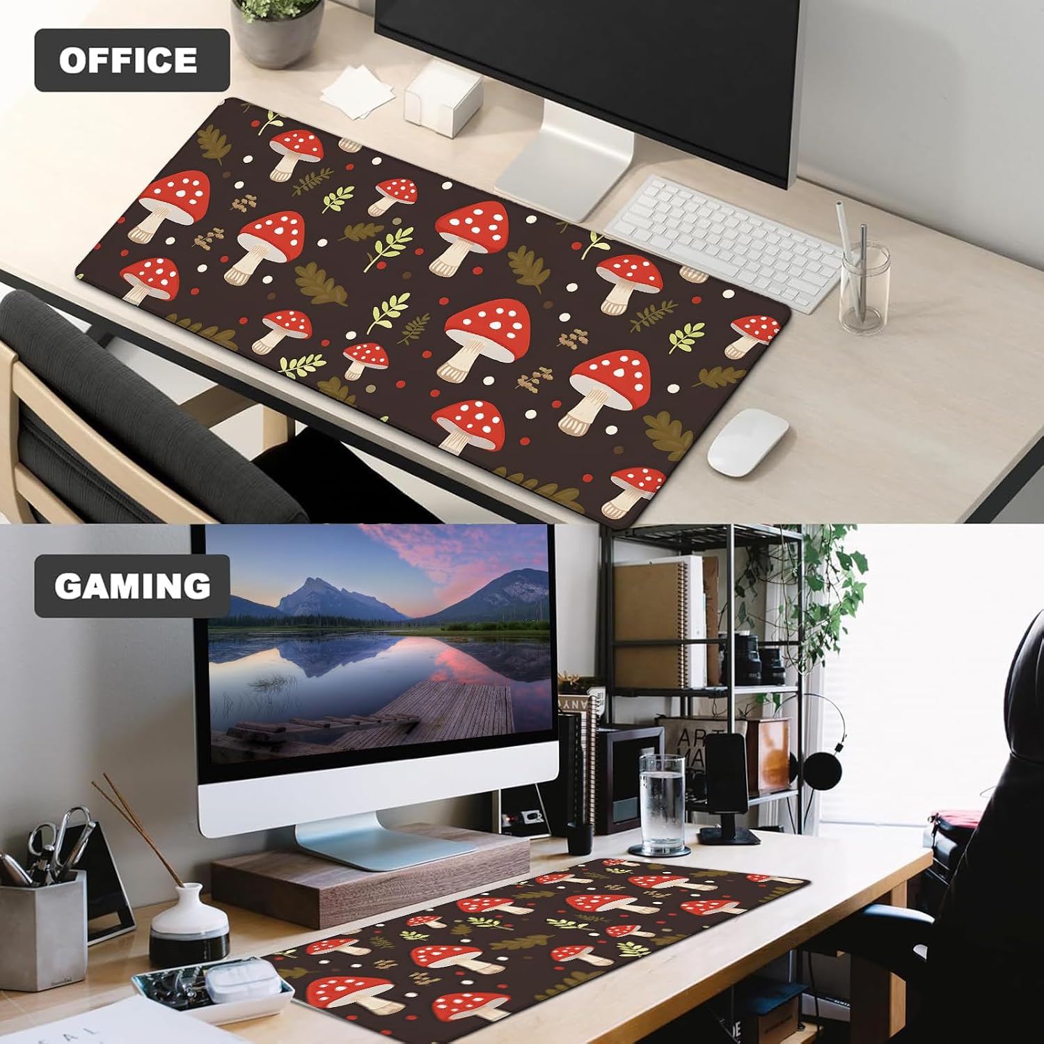 Retro Mushroom Gaming Mouse Pad,12x31.5in Non-Slip Rubber Vintage Fern Desk Mat,Large Extended Mousepad for Office Home Laptop,Mice Pads Gifts,Game Lover Deskmat Decor (Red Mushroom)