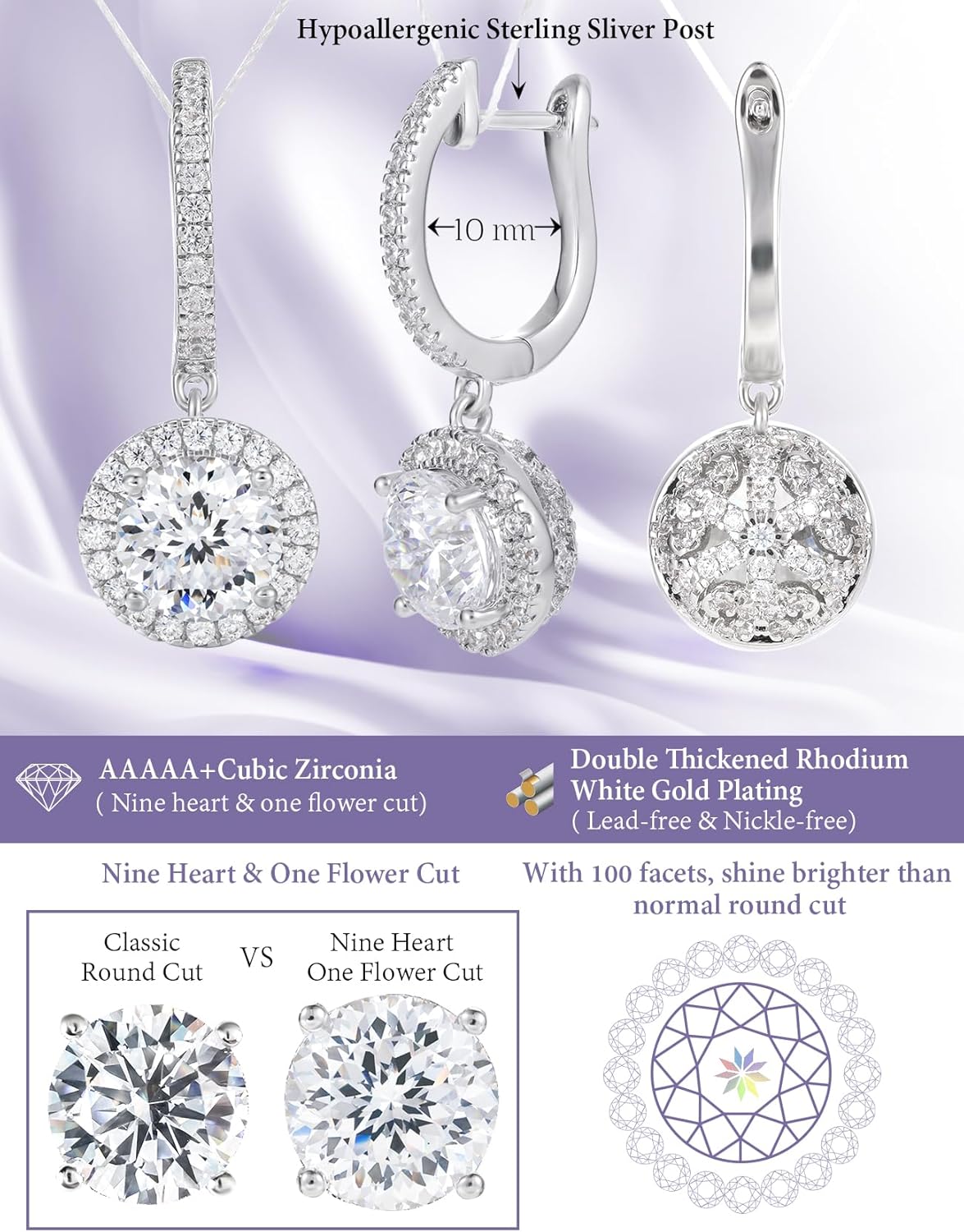Round Cubic Zirconia Dangle Earrings for Women in White Gold Plated, Cz Halo Design and Half Ball Ear Drops with Paved Simulated Diamond, Lever Back and Sterling Silver Post - Image 2