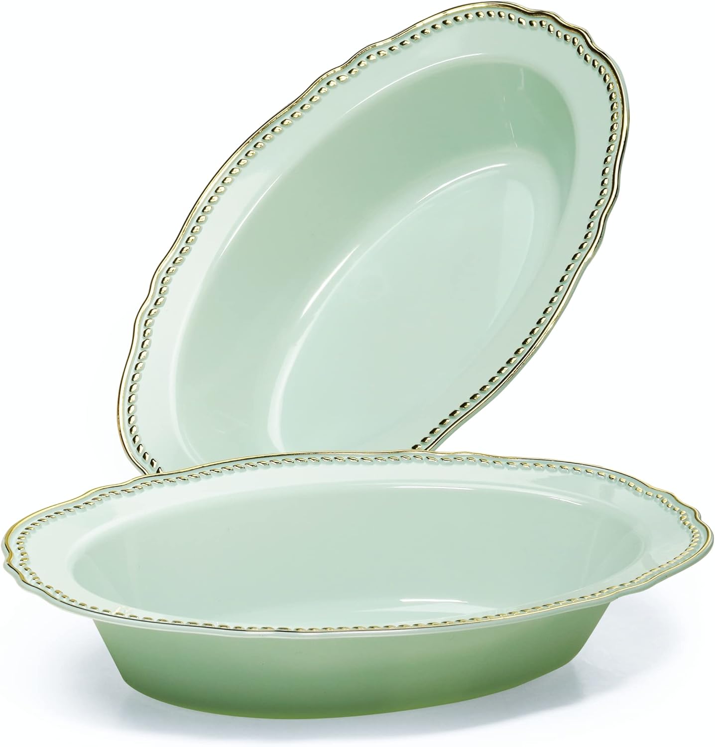 OCCASIONS 120 Plates Pack, Heavyweight Disposable Wedding Party Plastic Oval Bowls (7 oz Dessert Oval Bowls, Rochelle Mint & Gold)