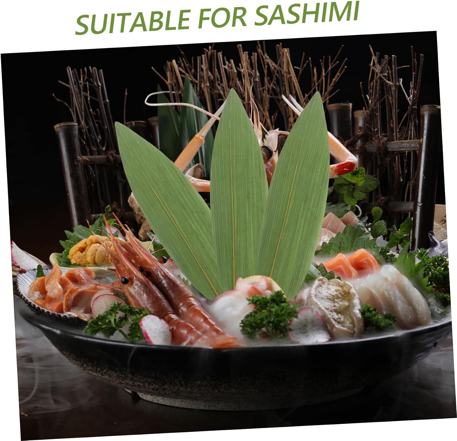 Ipetboom 100pcs Japanese Sashimi Leaves Mats for Sushi Plate Decor Natural Fake Leaf Sushi Dish Ornament for Japanese Korean Food Presentation Bbq and Party Accessories