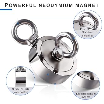 DIYMAG Strong Double Side Neodymium Fishing Magnets,1300 lbs(590KG) Pulling Force Rare Earth Magnet with 20m (65 Foot) Durable Rope and Protective Gloves,for Retrieving in River and Fishing
